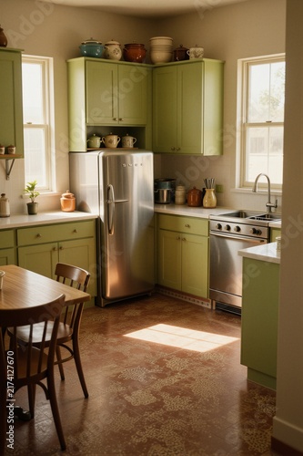 A warm and inviting vintage-style kitchen interior features light green cabinets, a stainless steel SMEG refrigerator, and a wooden dining table with chairs.