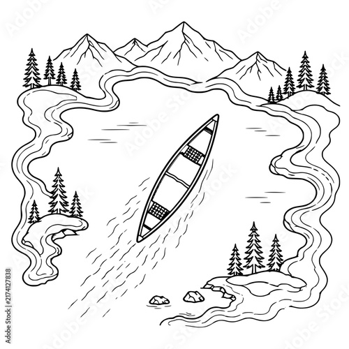 Top View of Canoe on Winding River - Black and White Vector Line Art Landscape with Mountains, Pine Trees, and Water Currents