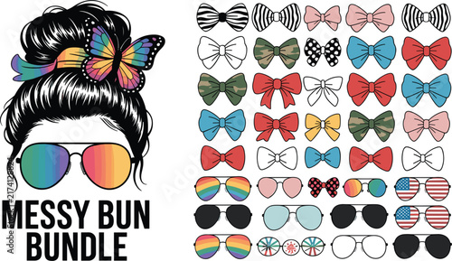 Messy bun bundle vector design with rainbow sunglasses aviators butterfly hair bows and customizable fashion accessories