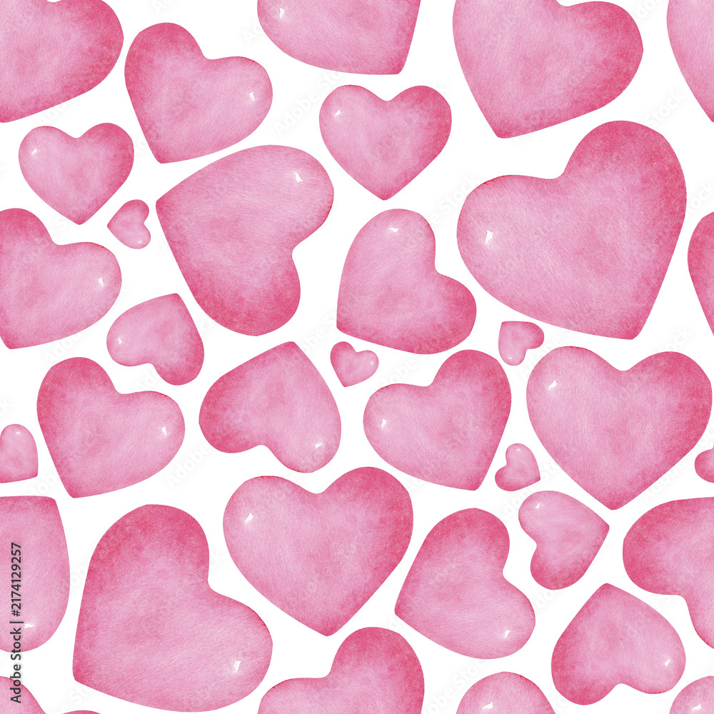 Obraz premium Watercolor pink hearts seamless pattern. Romantic background for Valentine, wedding, anniversary, wrapping paper, fabric, packaging, cards, invitations and love themed design.