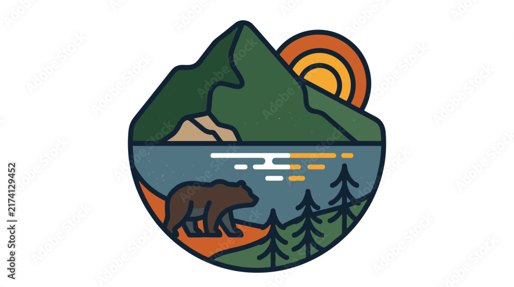 Obraz premium Bear walking by a lake in the mountains with sun.