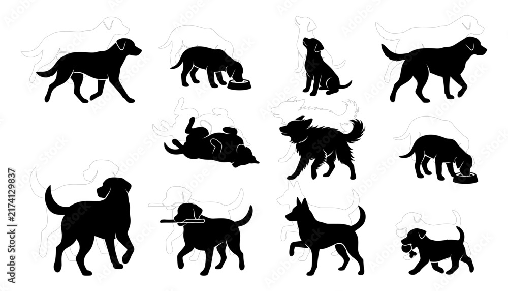 Obraz premium Dog Silhouettes Set with Various Poses and Actions Featuring Dogs, Silhouette