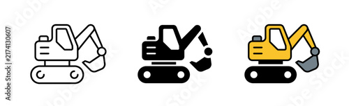 Excavator icon set in outline, solid, and filled color styles. Heavy construction machinery, digger, building equipment vector line art symbols for web and app design.