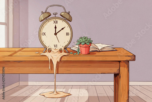 Surreal melting alarm clock dripping over wooden table with small cactus and open book, pastel room interior concept for time management illustration