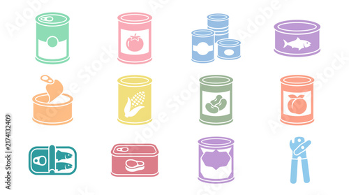 Colorful Canned Food Icons Set.