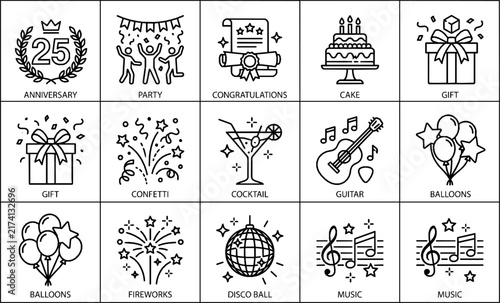 Party and Celebration Line Icons Set - Vector Anniversary, Cake, Gift, and Disco Ball Symbols