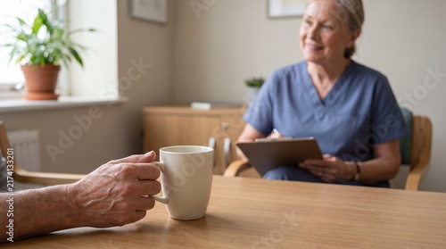 Senior hand holding mug with female doctor taking notes in clinic
