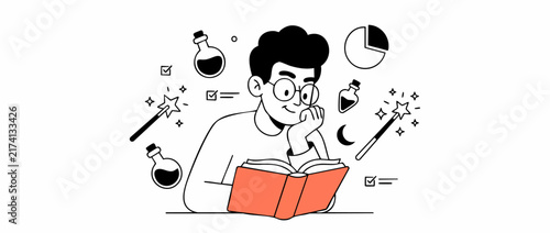 Man Reading Book Magic Illustration Vector Minimalist Line Art Character Studying Data Potions Analysis Strategy Creative Skill Learning Banner Flat White Background Graphic Concept Symbol Design Art