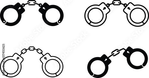 Handcuffs vector icon set police cuffs solid line art black isolated white background layout design.eps