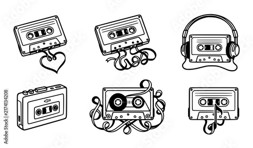 Vintage Cassette Tape with Heart Ribbon Music Nostalgia Audio Equipment Black and White Vector Icon Set