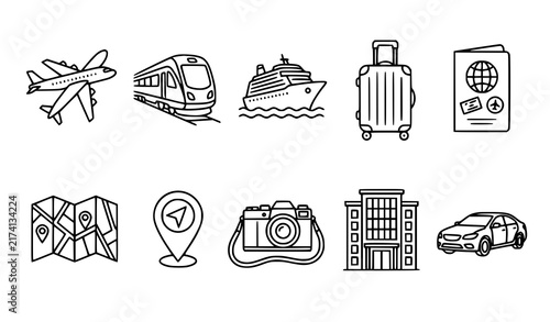 Travel Tourism Transportation and Vacation Thin Line Icon Collection Black and White Vector Design