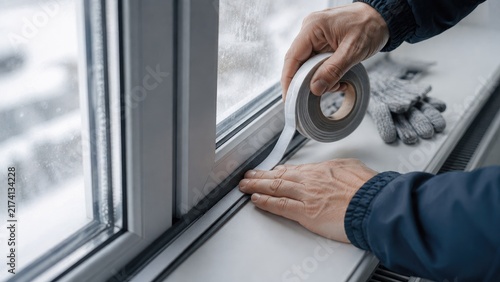 Person applying adhesive foam weatherstripping tape to a white window frame for insulation and draft sealing