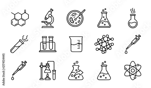 Chemistry Laboratory Linear Icon Collection Featuring Chemical Formula, Microscope, Medical Analysis, Test Flask, Reaction Tube, Beaker, and Research Equipment