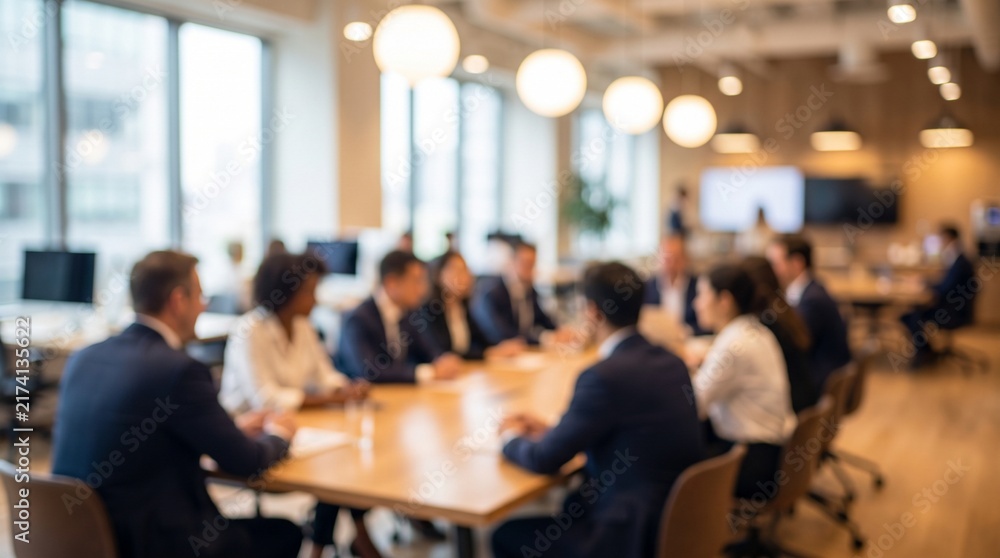 Obraz premium Blurred business professionals engaged in a collaborative meeting around a conference table in a modern office setting with blurred background and overhead lighting