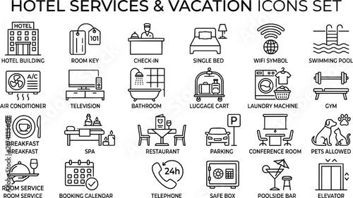 Hotel Line Icons Set - Vector Vacation, Room Booking, Facilities, and Hotel Service Symbols