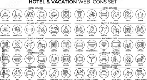 Hotel Line Icons Set - Vector Vacation, Room Booking, Facilities, and Hotel Service Symbols