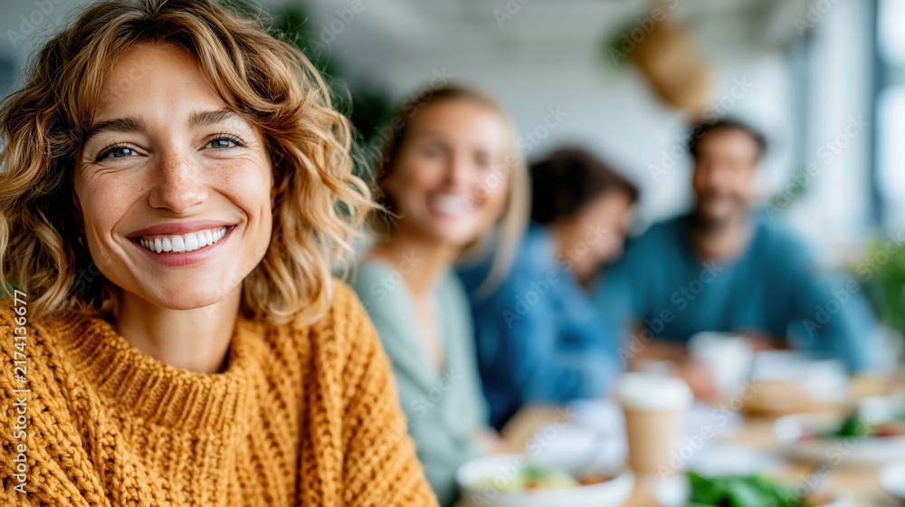 Obraz premium A cheerful young woman smiles brightly in a cafe surrounded by friends, capturing a joyful atmosphere filled with warmth, laughter, and social connection over shared moments.