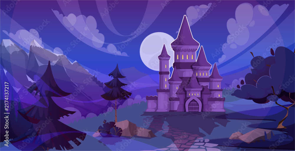 Naklejka premium Fairytale castle against luminous full moon with layered clouds and wooded hills. Cartoon mysterious nighttime landscape with fantasy architecture. Vector storybook artwork or game environment