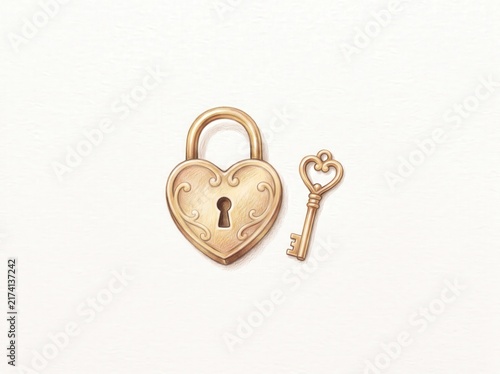 Vintage Heart-Shaped Lock and Key Isolated on Light Background for Love and Security Theme