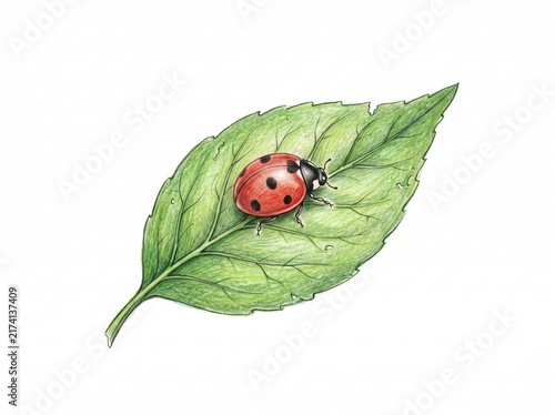 Realistic Illustration of Ladybug on Vibrant Green Leaf with Detailed Leaf Texture