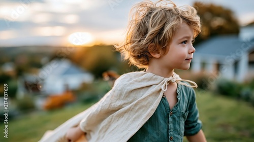 A young boy wearing a cape stands proudly outdoors during sunset, embodying the spirit of imagination and the innate desire for adventure and heroism in childhood.