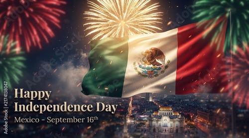 Mexico independence day celebration poster with national flag