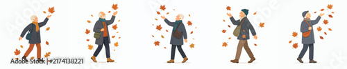 Flat vector illustration of a grandpa walking and enjoying the autumn atmosphere with falling leaves