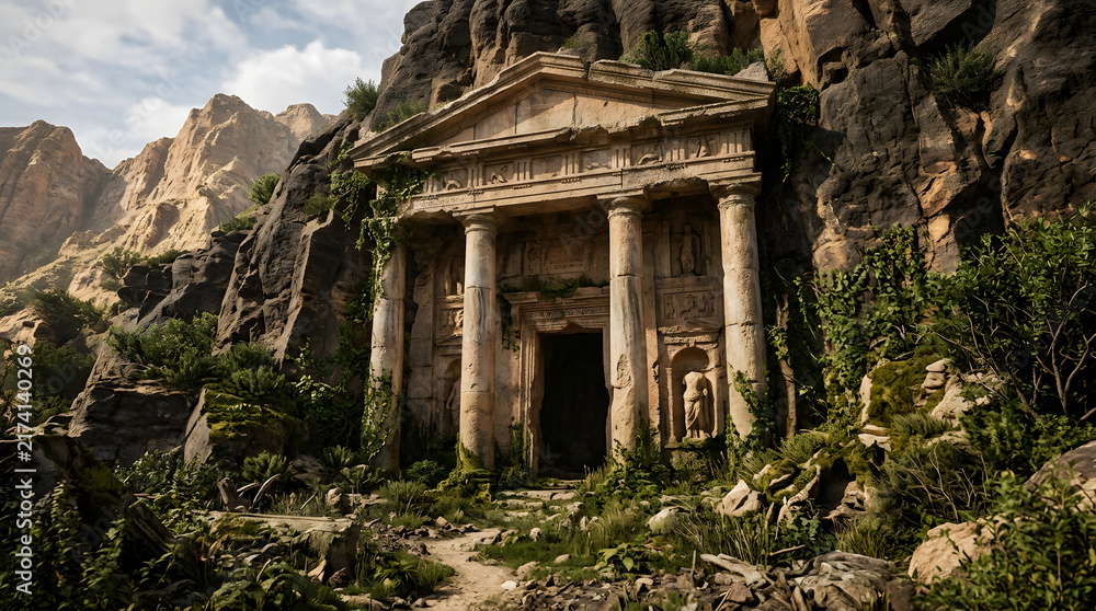Fototapeta premium Ancient rock temple facade in lush green mountain canyon.