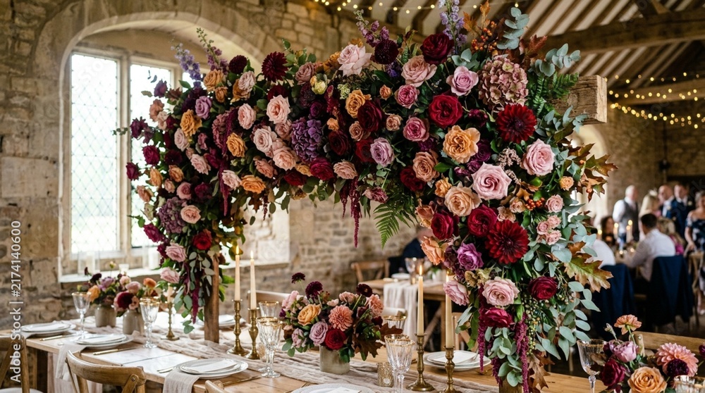 Fototapeta premium Elegant Floral Arch Over Wedding Reception Table Setting