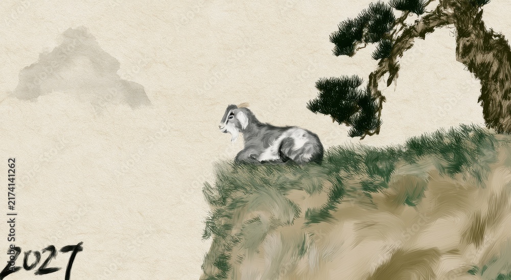Obraz premium Traditional Chinese ink wash painting of a cat resting on a cliffside under a pine tree.
