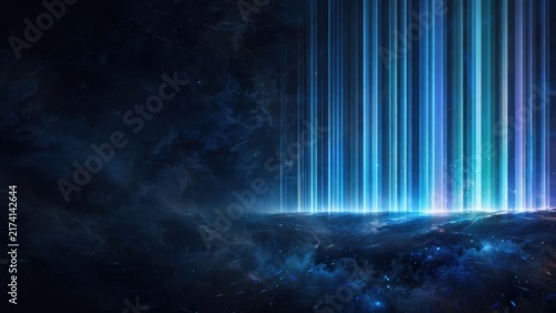 Ethereal beams of blue and white light pierce through a dark, cosmic nebula onto a textured surface