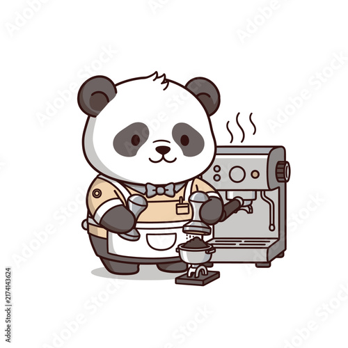 Panda Barista Making Espresso at Machine Cute Cafe Mascot Art