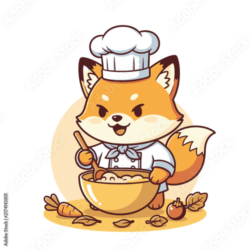 Fox Chef Stirring Autumn Soup in Bowl Cute Vector Mascot for Menus