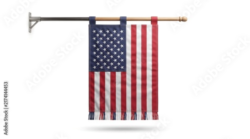 American flag banner, side profile view, isolated on pure white background, hyperrealistic studio product photography