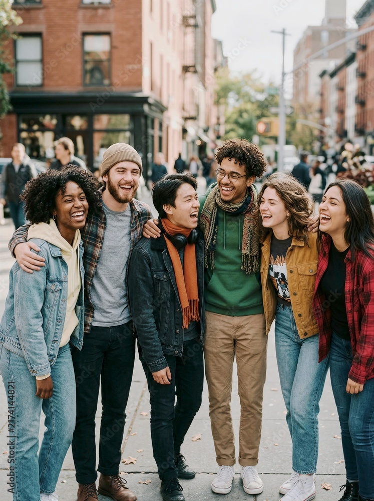 Obraz premium Diverse group of young friends smiling and laughing together on a city street