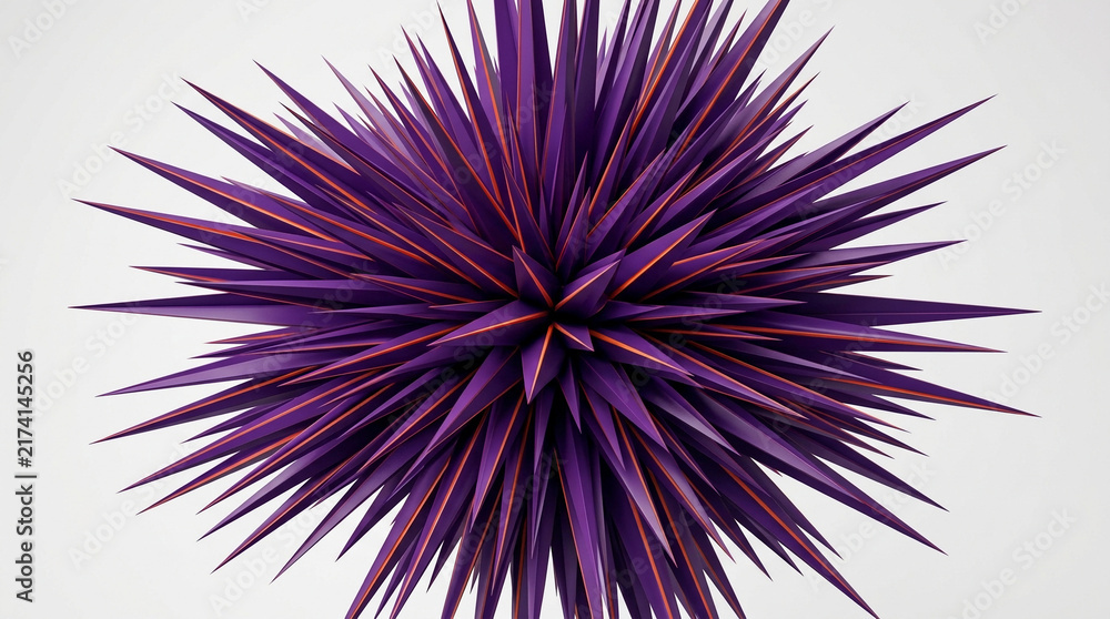 Fototapeta premium A visually arresting abstract object, characterized by its sharp purple spikes and subtle orange undertones, stands out boldly on a pristine white surface.