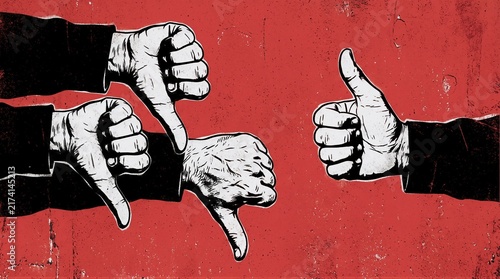 Thumbs up and down hand gestures symbolize disagreement and choice in bold graphic illustration