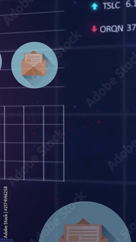 Animation of financial data processing with envelope icons on black background
