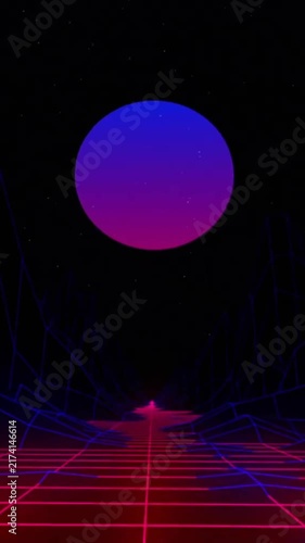 Animation of pink and blue moon over moving digital grid landscape on black background
