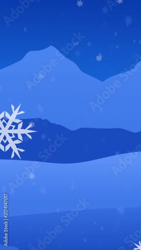 Animation of snowflakes over winter landscape with mountains and tress against blue background