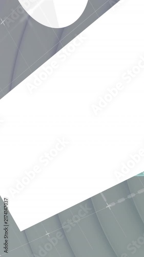 Vertical video: Left shapes sliding, tilted panel rotating to present data, teal icons lining right