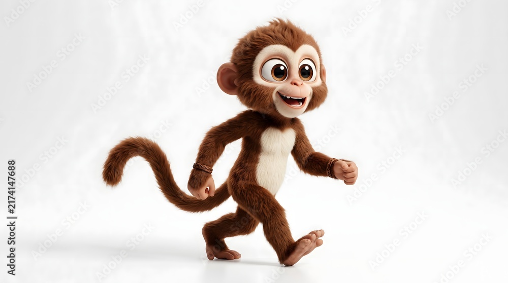 Fototapeta premium Cute cartoon monkey character running with a happy expression.
