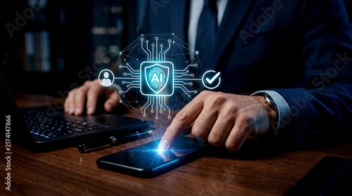 Business executive enforcing data privacy AI governance with biometric identity protection on smartphone in office, close-up photo of enterprise cloud