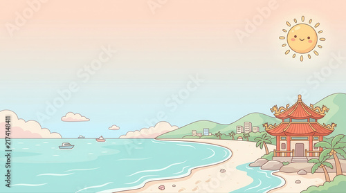 Tranquil beach landscape featuring a classic home soft waves and warm sunlight creating a peaceful atmosphere