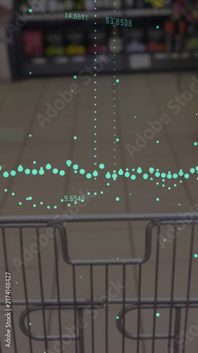 Animation of multiple graphs with changing numbers over overhead view of shopping cart