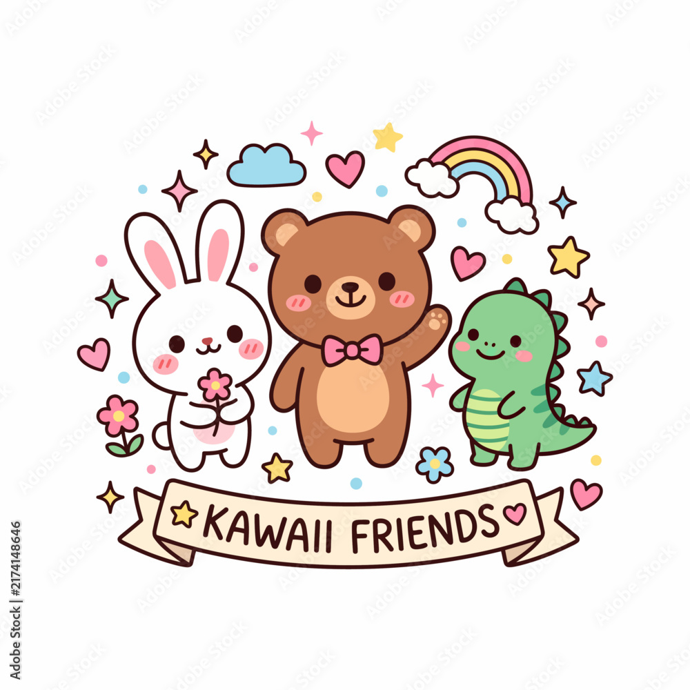 Fototapeta premium Kawaii cartoon friends illustration featuring a bunny, teddy bear, and dinosaur with hearts, rainbows, and playful decorations