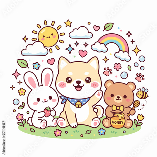 Adorable cartoon animals sitting together on a sunny grass field with rainbow and flowers in cheerful kawaii style