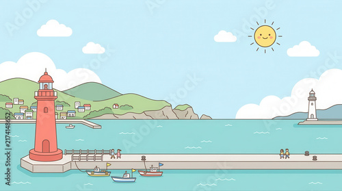 Breathtaking coastal scenery showcasing a lighthouse and pier under a bright sky with visitors relishing the waterfront experience