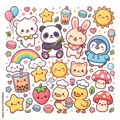 Adorable kawaii cartoon animals and food characters celebrating with heart-themed stickers and playful icons
