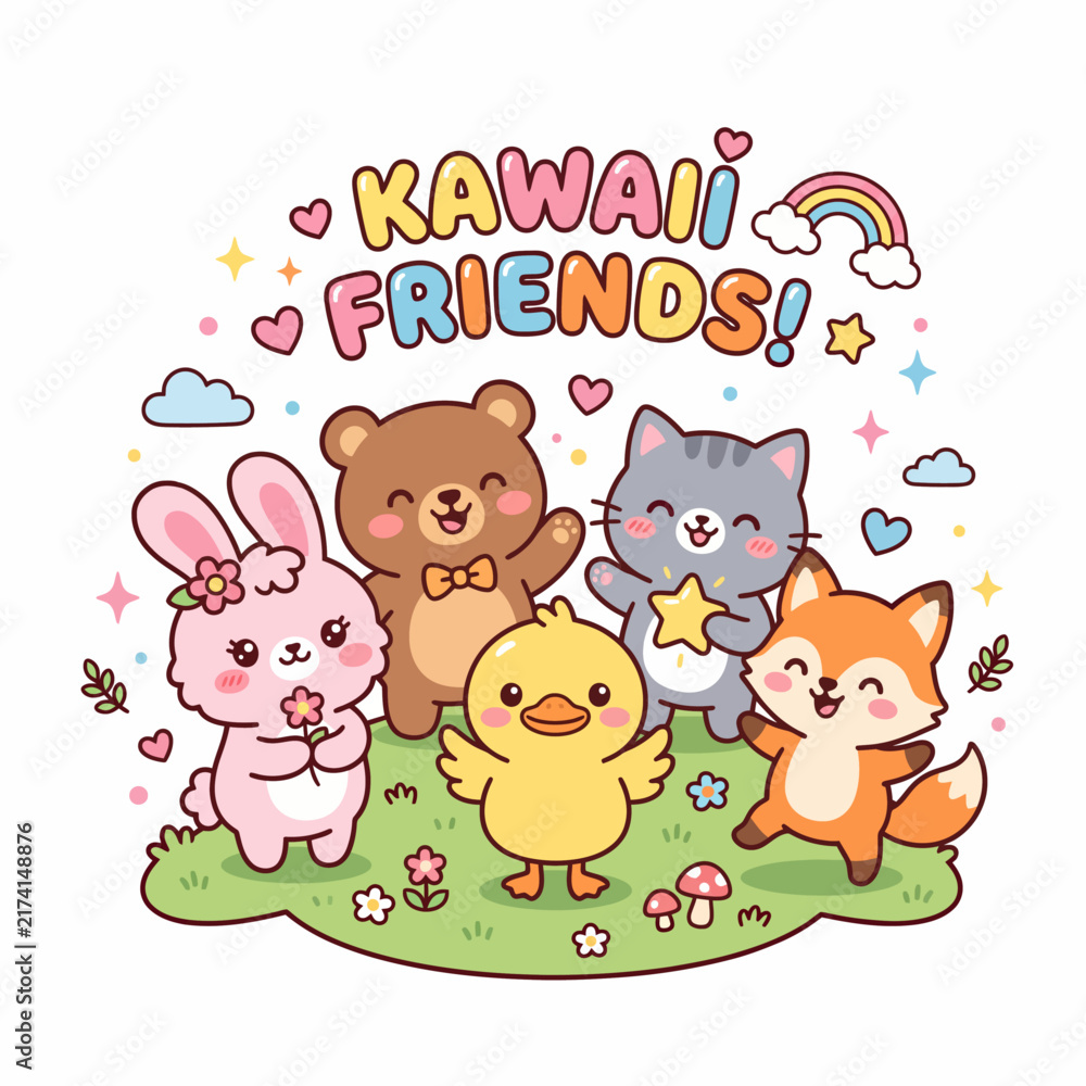 Fototapeta premium Adorable cartoon animal friends posing together in a cheerful and colorful outdoor setting